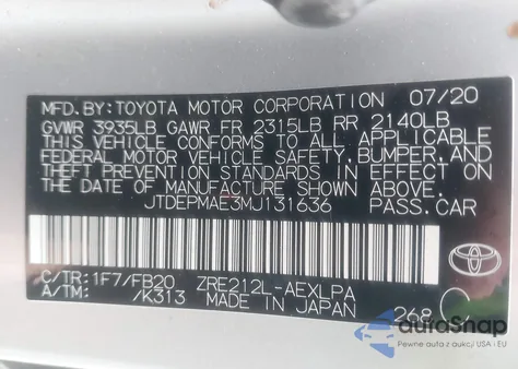 2021 Toyota Corolla Le z USA, uszkodzony, nr VIN JTDEPMAE3MJ131636